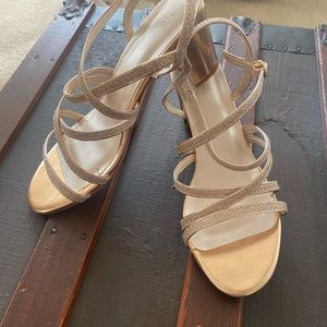 New David Bridal, low heel gold with stones.